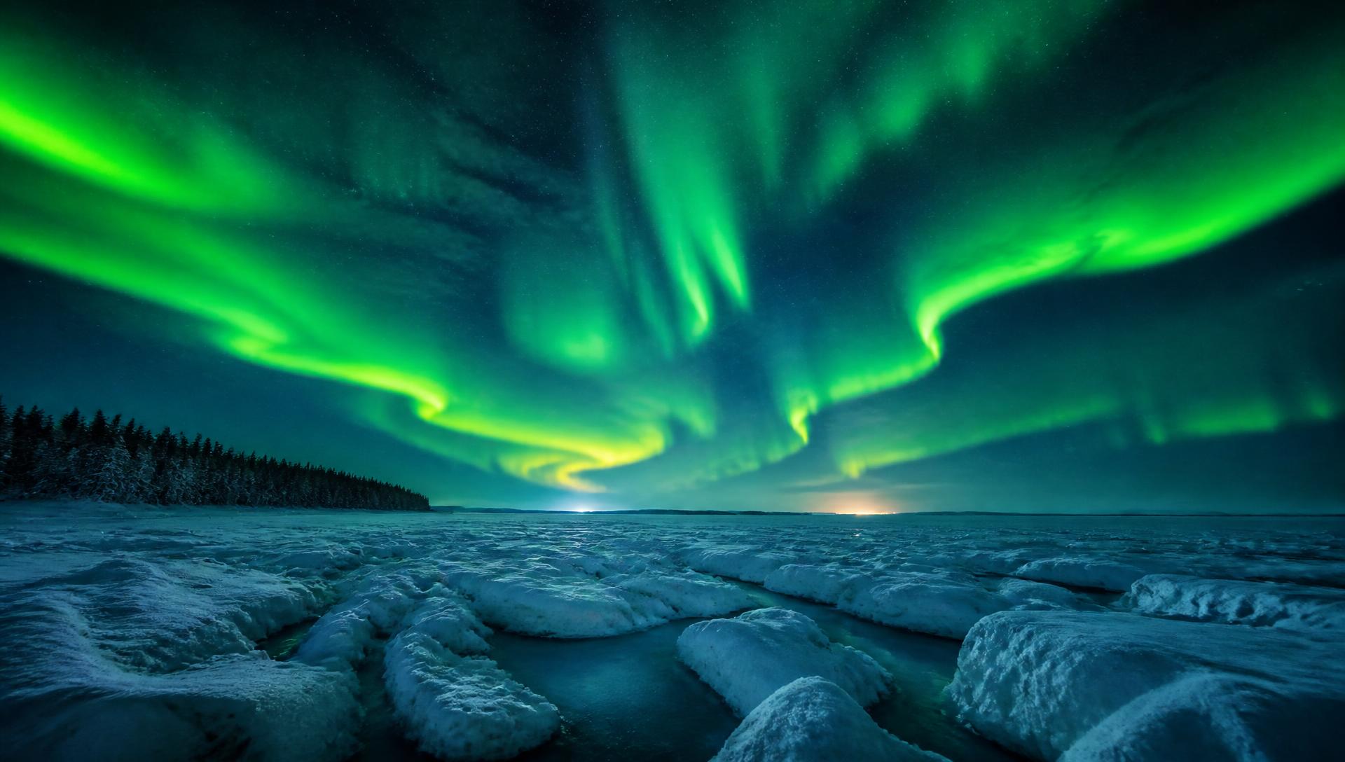 Northern lights dancing over Sea Lapland